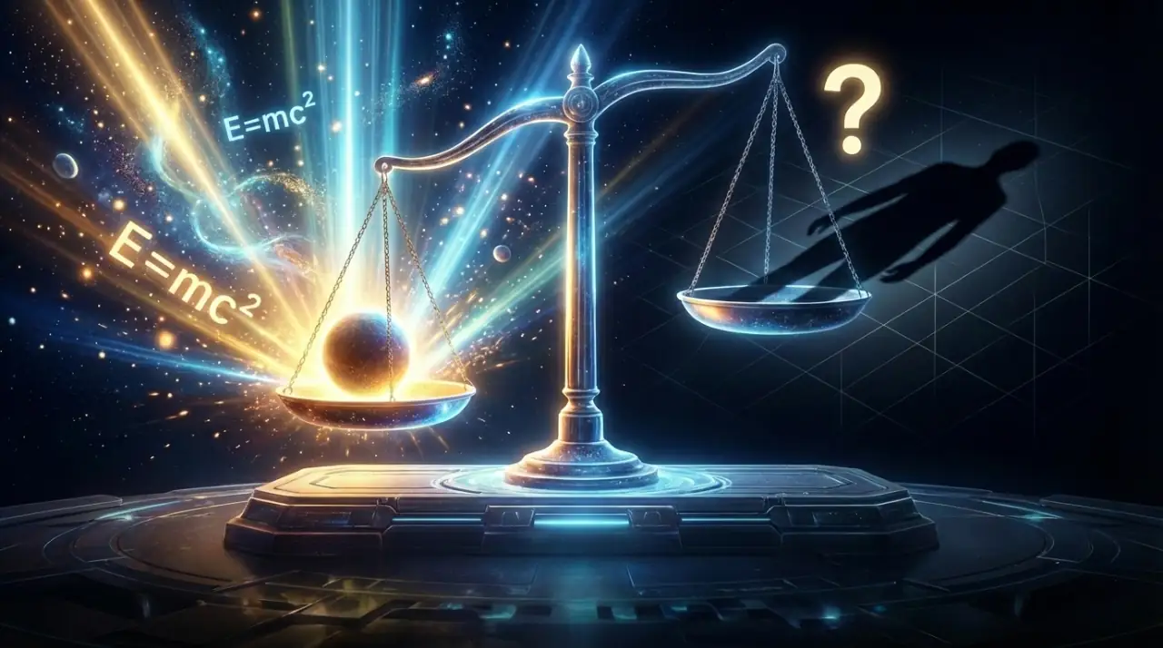 A high-quality featured image depicting light energy particles and the absence of light to visually represent the debate on whether a shadow have mass through the lens of mass-energy equivalence.