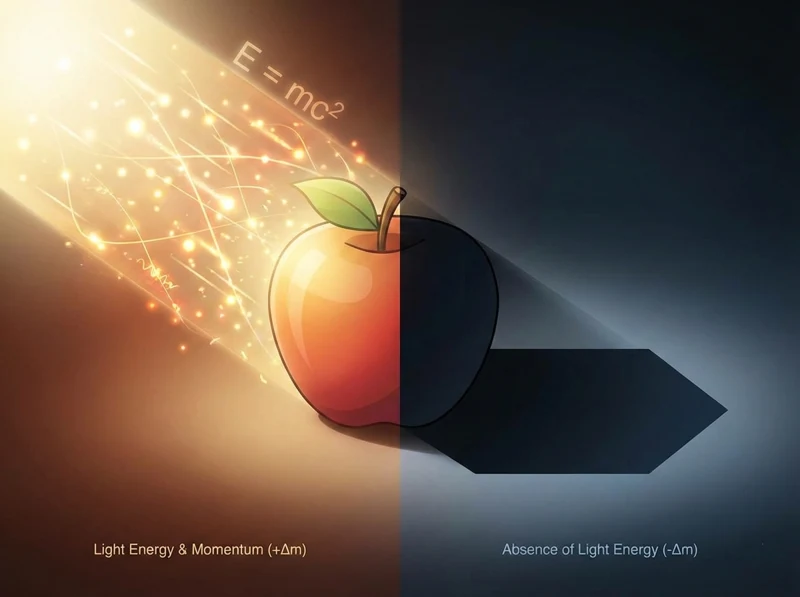 A conceptual physics illustration of an apple split between a bright light source and a dark shadow, featuring the $E=mc^2$ formula to explore the scientific question: Does a shadow have mass?