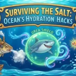 A whimsical, game-inspired illustration titled "Surviving the Salt" showing how marine animals drink water. The image features a cod with steampunk gill pumps, a shark protected by a glowing "Urea Shield," and a dolphin capturing a fish to "unlock metabolic water," while a dehydrated human in a rowboat looks on.