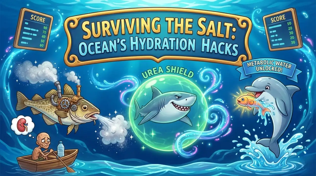 A whimsical, game-inspired illustration titled "Surviving the Salt" showing how marine animals drink water. The image features a cod with steampunk gill pumps, a shark protected by a glowing "Urea Shield," and a dolphin capturing a fish to "unlock metabolic water," while a dehydrated human in a rowboat looks on.