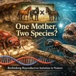 Composite science illustration showing an Iberian harvester ant queen producing eggs beside a hybrid ant male, a glowing DNA double helix symbolizing genetic mixing, a horse–donkey mule comparison inset, and a deep-sea anglerfish, representing reproductive isolation and cross-species reproduction in nature.