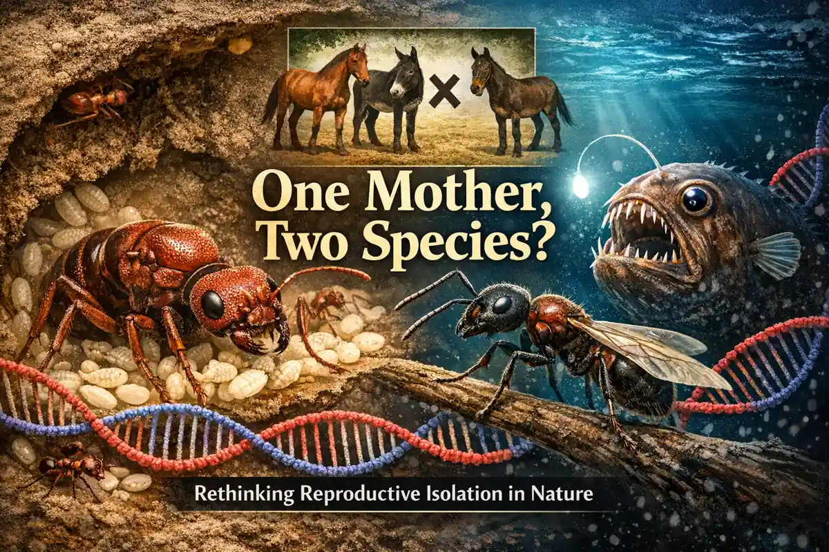 Composite science illustration showing an Iberian harvester ant queen producing eggs beside a hybrid ant male, a glowing DNA double helix symbolizing genetic mixing, a horse–donkey mule comparison inset, and a deep-sea anglerfish, representing reproductive isolation and cross-species reproduction in nature.