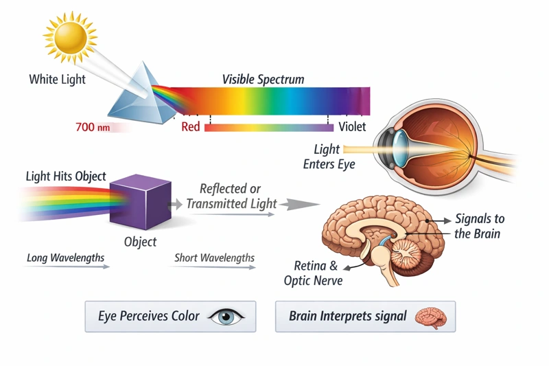 Purple Doesn’t Exist: Scientific diagram illustrating color perception: white light from the sun passes through a prism into the visible spectrum (red to violet), reflects from an object, enters the human eye, and is processed by the retina and brain to produce color perception.
