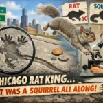 A split 16:9 illustration showing the famous Chicago “Rat King” sidewalk imprint: a magnified cement paw-and-tail print on a Roscoe Village sidewalk with Chicago street signs, contrasted with a leaping gray squirrel and a scientist examining evidence, revealing the viral “rat” print was actually made by a squirrel.