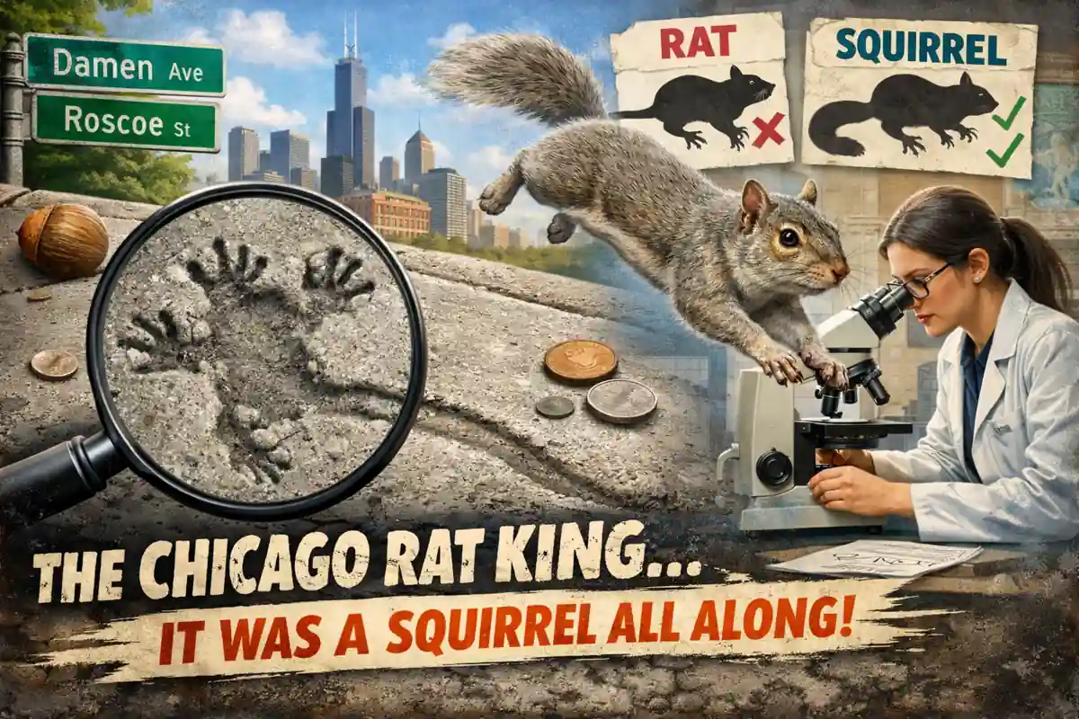 A split 16:9 illustration showing the famous Chicago “Rat King” sidewalk imprint: a magnified cement paw-and-tail print on a Roscoe Village sidewalk with Chicago street signs, contrasted with a leaping gray squirrel and a scientist examining evidence, revealing the viral “rat” print was actually made by a squirrel.