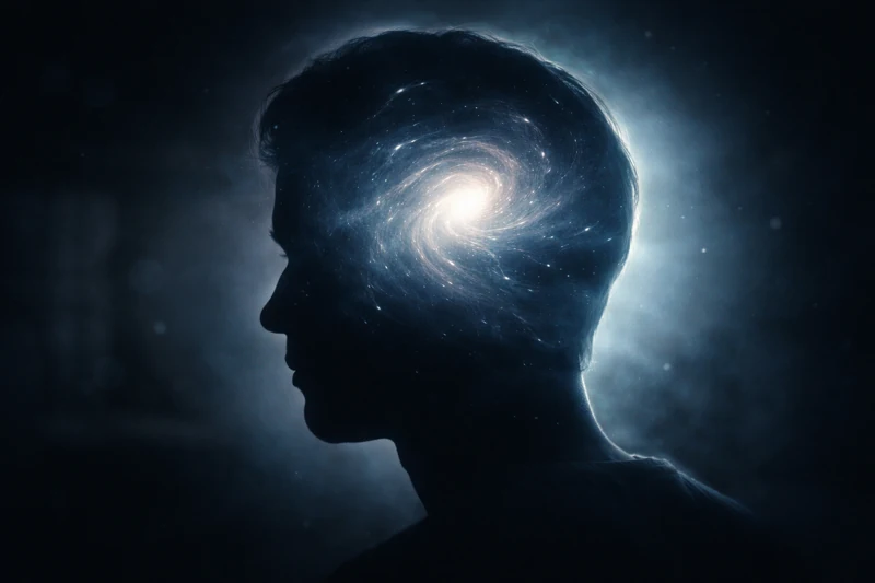 A dark silhouette of a human head with a glowing spiral of light inside, symbolizing the mysterious inner voice and human consciousness.