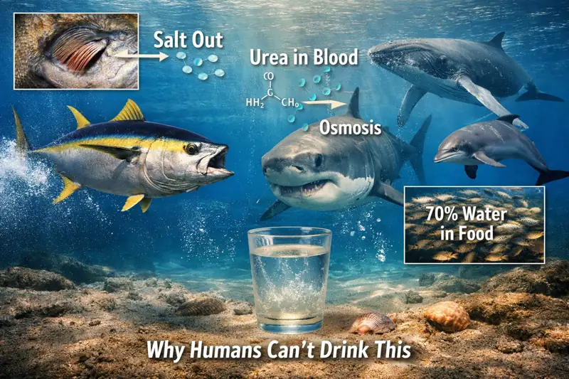 Illustration showing how marine animals drink water and manage osmosis: a tuna filtering salt through its gills, a shark with water naturally entering its body, and a dolphin eating a fish for hydration, highlighting marine adaptations to seawater.