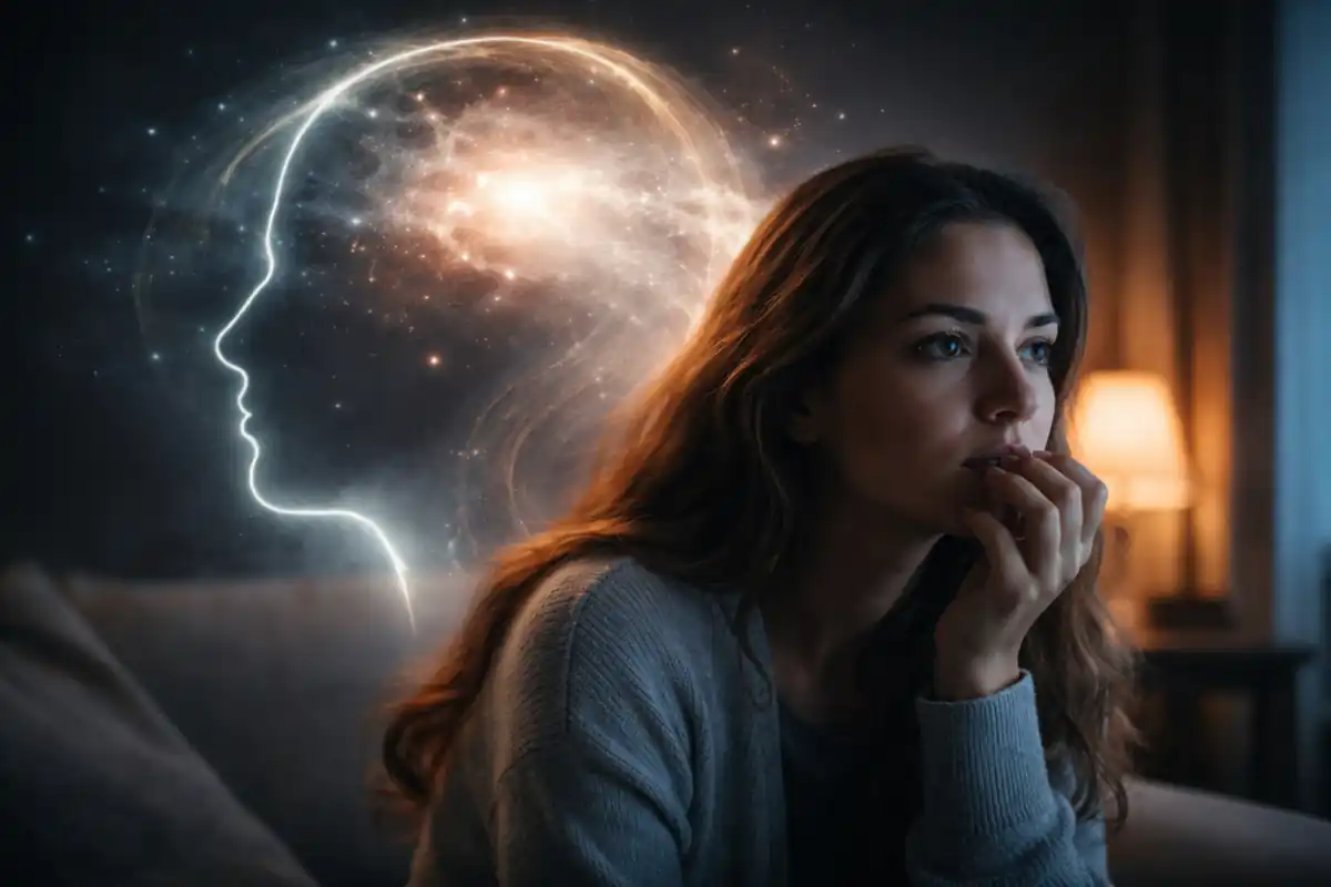 A young woman sits thoughtfully in a dimly lit room, gazing into the distance, while a glowing, cosmic outline of a human head floats behind her, representing the mysterious voice in her head and inner monologue.