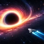 A minimalist abstract illustration of a spaceship approaching a glowing black hole in deep space, symbolizing gravity, motion, and relativistic physics.