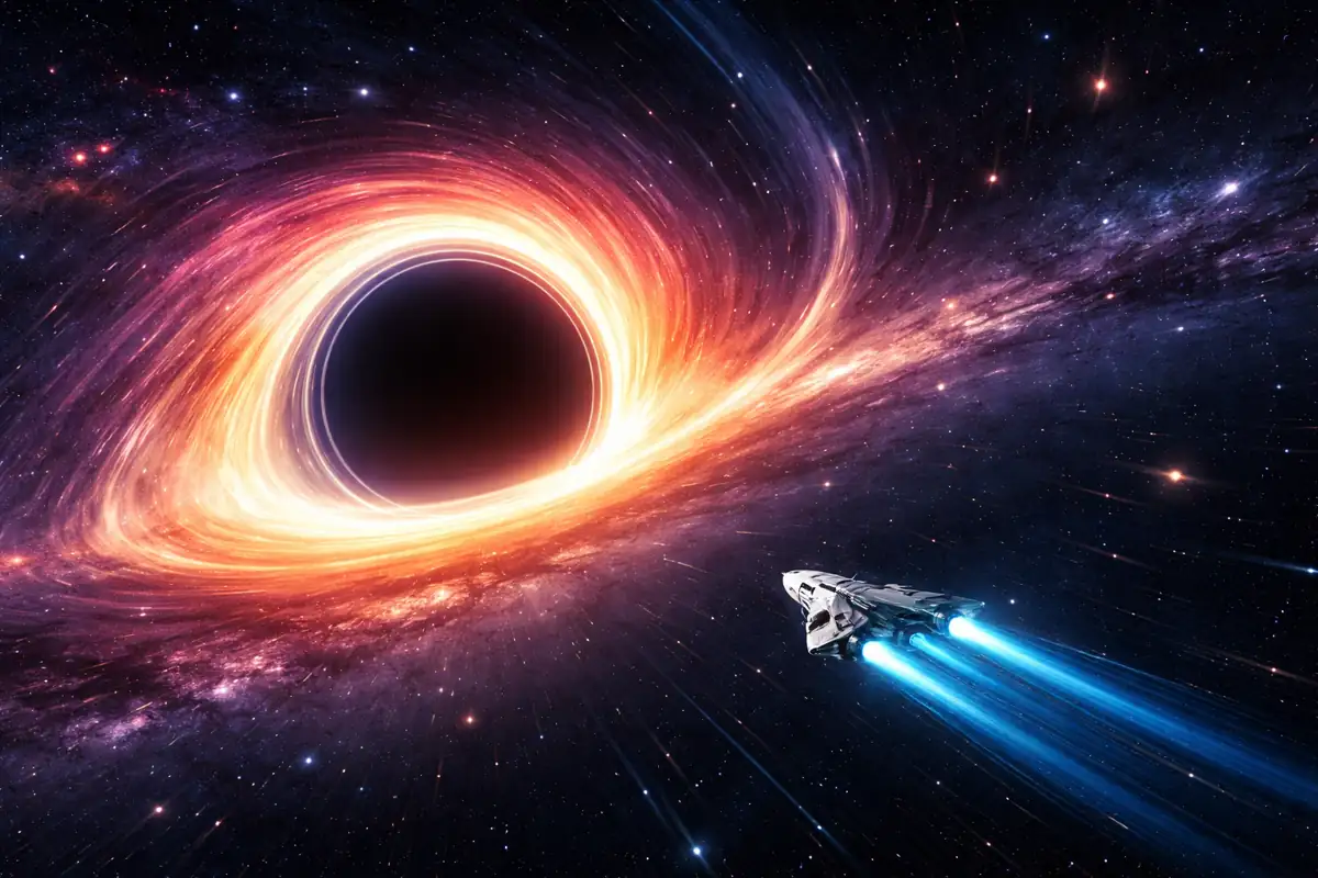 A minimalist abstract illustration of a spaceship approaching a glowing black hole in deep space, symbolizing gravity, motion, and relativistic physics.