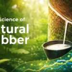 Close-up of a rubber tree being tapped for latex, illustrating how natural rubber is harvested and its molecular structure.