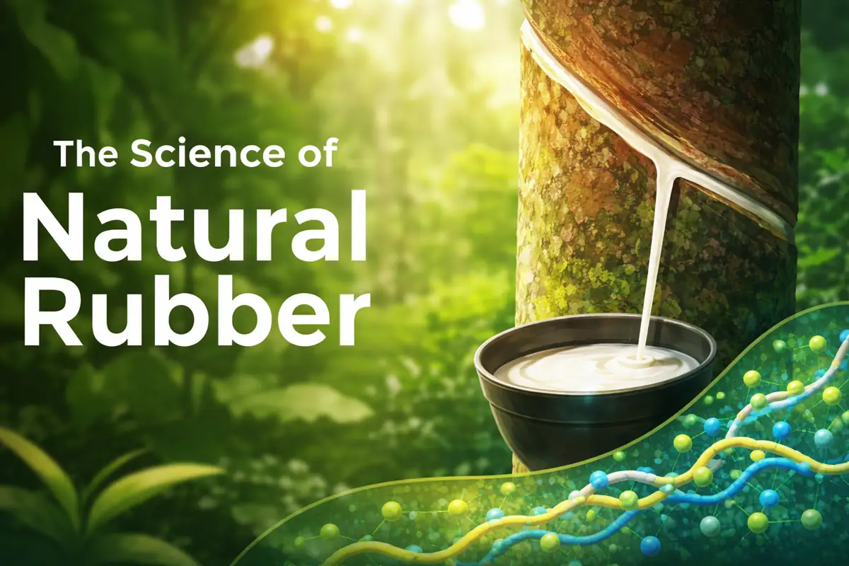 Close-up of a rubber tree being tapped for latex, illustrating how natural rubber is harvested and its molecular structure.