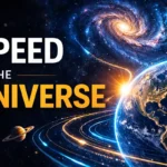 How fast are we moving through space? Abstract illustration showing Earth rotation, Solar System orbit, and Milky Way rotation representing speed in the universe.