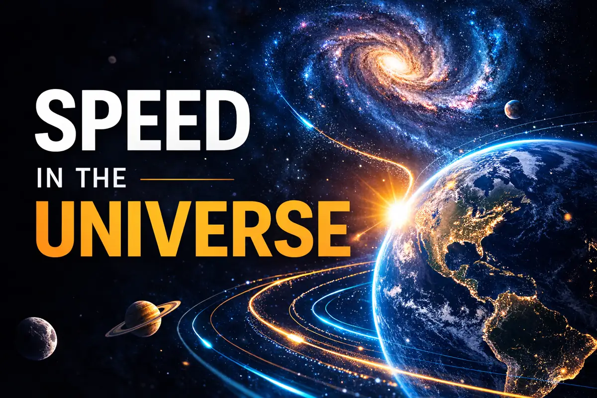 How fast are we moving through space? Abstract illustration showing Earth rotation, Solar System orbit, and Milky Way rotation representing speed in the universe.