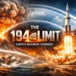 A dramatic 16:9 illustration showing Earth’s maximum loudness limit (194 dB), featuring a violent volcanic eruption, a Saturn V rocket launch, and a nuclear explosion, with powerful shockwaves rippling across the landscape under a fiery, high-contrast sky.