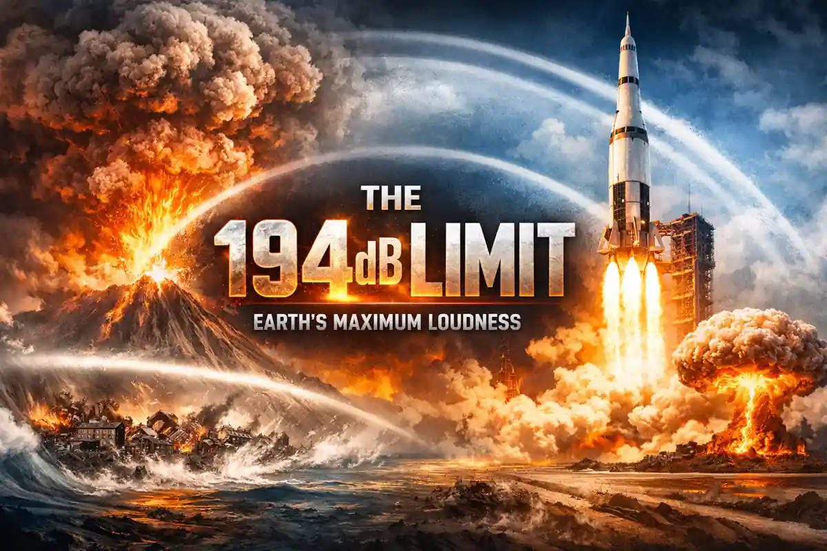 A dramatic 16:9 illustration showing Earth’s maximum loudness limit (194 dB), featuring a violent volcanic eruption, a Saturn V rocket launch, and a nuclear explosion, with powerful shockwaves rippling across the landscape under a fiery, high-contrast sky.