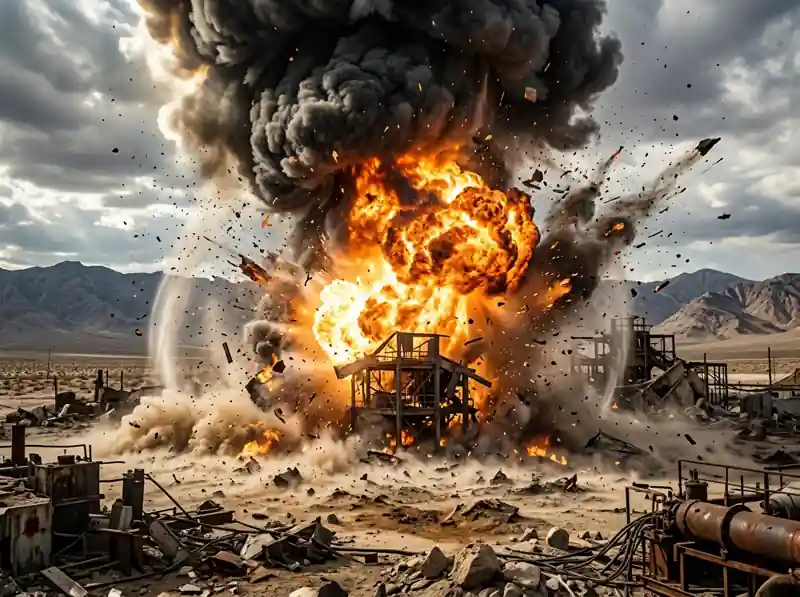 Gemini 说
A devastating industrial explosion in a desolate desert, with massive plumes of dark smoke and a fiery core under a cloudy sky. The collapsing structure and flying shrapnel create a scene of extreme chaos and immense power, suggesting a potential for the Maximum Loudness on Earth.
