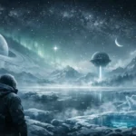 A lone explorer stands before an otherworldly frozen landscape under a glowing aurora and distant planets, symbolizing humanity’s journey toward the cosmic chill of absolute zero.