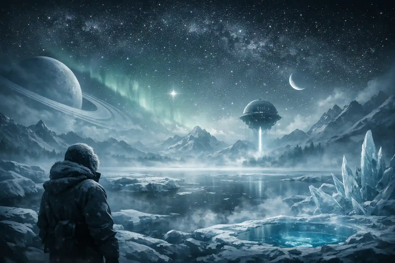 A lone explorer stands before an otherworldly frozen landscape under a glowing aurora and distant planets, symbolizing humanity’s journey toward the cosmic chill of absolute zero.