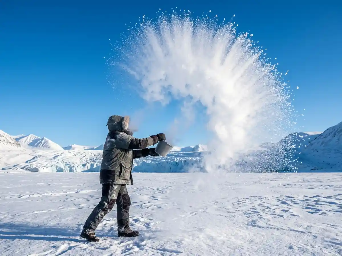 An explosion of ice crystals formed by boiling water thrown into extreme cold, showcasing thermal paradoxes on the way to absolute zero.
