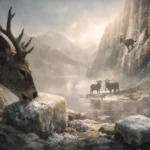 A surreal mountain landscape where wild animals gather around salt-encrusted rocks under misty light, symbolizing nature’s quiet pursuit of balance and unseen biological forces.