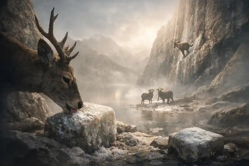 A surreal mountain landscape where wild animals gather around salt-encrusted rocks under misty light, symbolizing nature’s quiet pursuit of balance and unseen biological forces.