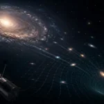 A mysterious deep-space scene showing galaxies drifting through an expanding universe, with a space telescope observing warped cosmic space in darkness. The Hubble Constant and the Strange Age of the Universe