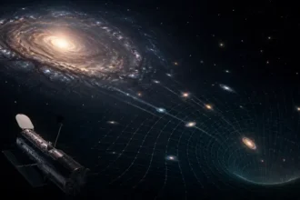 A mysterious deep-space scene showing galaxies drifting through an expanding universe, with a space telescope observing warped cosmic space in darkness. The Hubble Constant and the Strange Age of the Universe