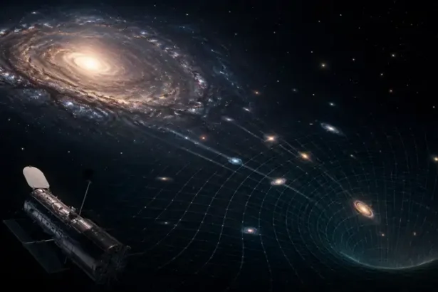 A mysterious deep-space scene showing galaxies drifting through an expanding universe, with a space telescope observing warped cosmic space in darkness. The Hubble Constant and the Strange Age of the Universe