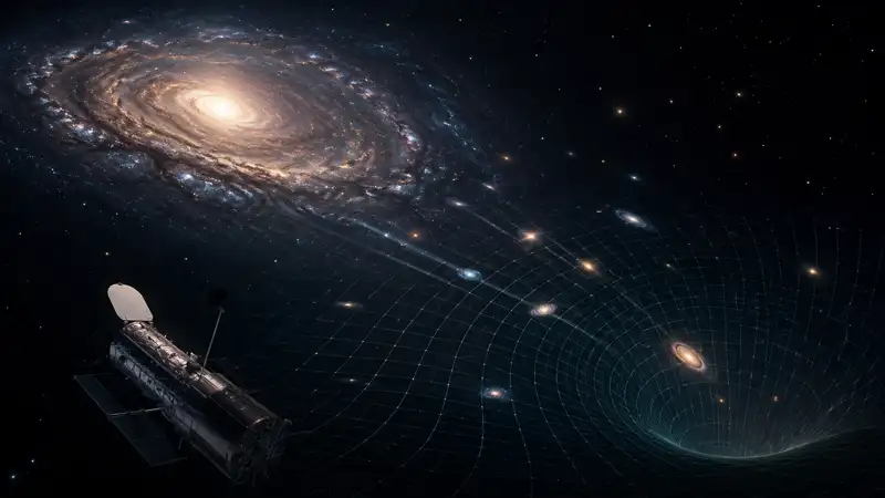 A mysterious deep-space scene showing galaxies drifting through an expanding universe, with a space telescope observing warped cosmic space in darkness. The Hubble Constant and the Strange Age of the Universe