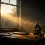 A minimalist exploration-themed workspace illuminated by warm morning sunlight. A wooden desk beside a large window catches a golden beam of light revealing floating dust particles. A closed laptop, notebook, eyeglasses, microscope, and glass beaker rest quietly on the desk, evoking a cinematic and mysterious atmosphere that blends science, nature, and curiosity.