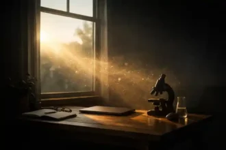 A minimalist exploration-themed workspace illuminated by warm morning sunlight. A wooden desk beside a large window catches a golden beam of light revealing floating dust particles. A closed laptop, notebook, eyeglasses, microscope, and glass beaker rest quietly on the desk, evoking a cinematic and mysterious atmosphere that blends science, nature, and curiosity.