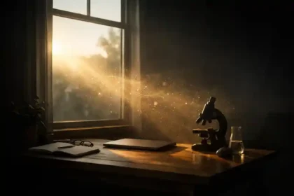 A minimalist exploration-themed workspace illuminated by warm morning sunlight. A wooden desk beside a large window catches a golden beam of light revealing floating dust particles. A closed laptop, notebook, eyeglasses, microscope, and glass beaker rest quietly on the desk, evoking a cinematic and mysterious atmosphere that blends science, nature, and curiosity.