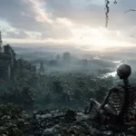 A cinematic post-apocalyptic landscape where an abandoned city is slowly reclaimed by nature, with a skeletal figure overlooking the misty ruins at sunrise, evoking mystery and the absence of human civilization.