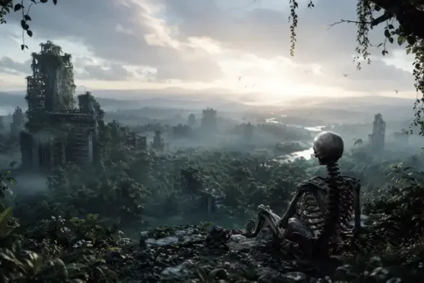 A cinematic post-apocalyptic landscape where an abandoned city is slowly reclaimed by nature, with a skeletal figure overlooking the misty ruins at sunrise, evoking mystery and the absence of human civilization.