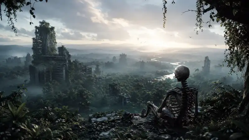 A cinematic post-apocalyptic landscape where an abandoned city is slowly reclaimed by nature, with a skeletal figure overlooking the misty ruins at sunrise, evoking mystery and the absence of human civilization.