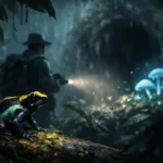 A vibrant poison dart frog perched on a mossy log in a misty jungle at night, with a distant explorer shining a flashlight toward glowing blue mushrooms and a shadowy cave entrance.