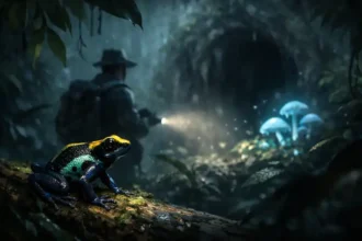 A vibrant poison dart frog perched on a mossy log in a misty jungle at night, with a distant explorer shining a flashlight toward glowing blue mushrooms and a shadowy cave entrance.