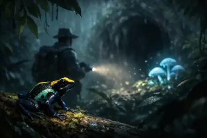 A vibrant poison dart frog perched on a mossy log in a misty jungle at night, with a distant explorer shining a flashlight toward glowing blue mushrooms and a shadowy cave entrance.