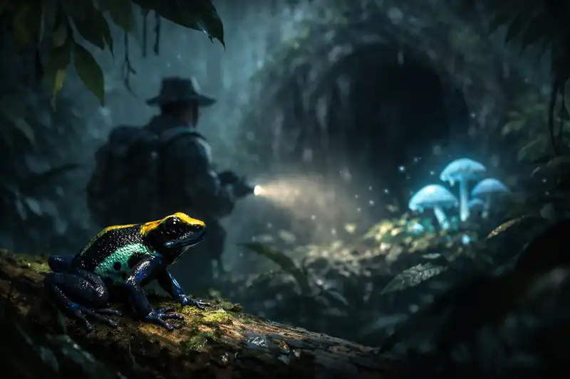 A vibrant poison dart frog perched on a mossy log in a misty jungle at night, with a distant explorer shining a flashlight toward glowing blue mushrooms and a shadowy cave entrance.