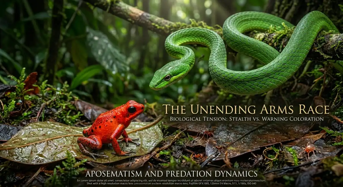 A high-resolution natural history documentary-style image titled "THE UNENDING ARMS RACE" with the subtitle "BIOLOGICAL TENSION: STEALTH VS. WARNING COLORATION." At the bottom, a section titled "APOSEMATISM AND PREDATION DYNAMICS" features explanatory and camera metadata text.
The scene is a dramatic, extreme macro close-up set on the rainforest floor. On a moisture-drenched, decaying leaf, a vividly bright red Strawberry Poison Dart Frog, covered in detailed black spots and reflecting water droplets, is perched. Its large black eye is wide and tense. Hovering just inches away on a mossy branch is a highly detailed Green Vine Snake, its scales showing intricate texture. The snake is coiled, its head poised and focused intently on the frog, demonstrating dynamic, pre-strike tension.
Small insects (ants and a beetle) are visible in the leaf litter, grounding the scale. The lighting is cinematic, with natural shafts of light filtering through the jungle canopy, emphasizing the dramatic texture contrast between the glossy frog and the detailed snake. The depth of field is very shallow, creating a lush, dark green bokeh background. The composition follows the rule of thirds.