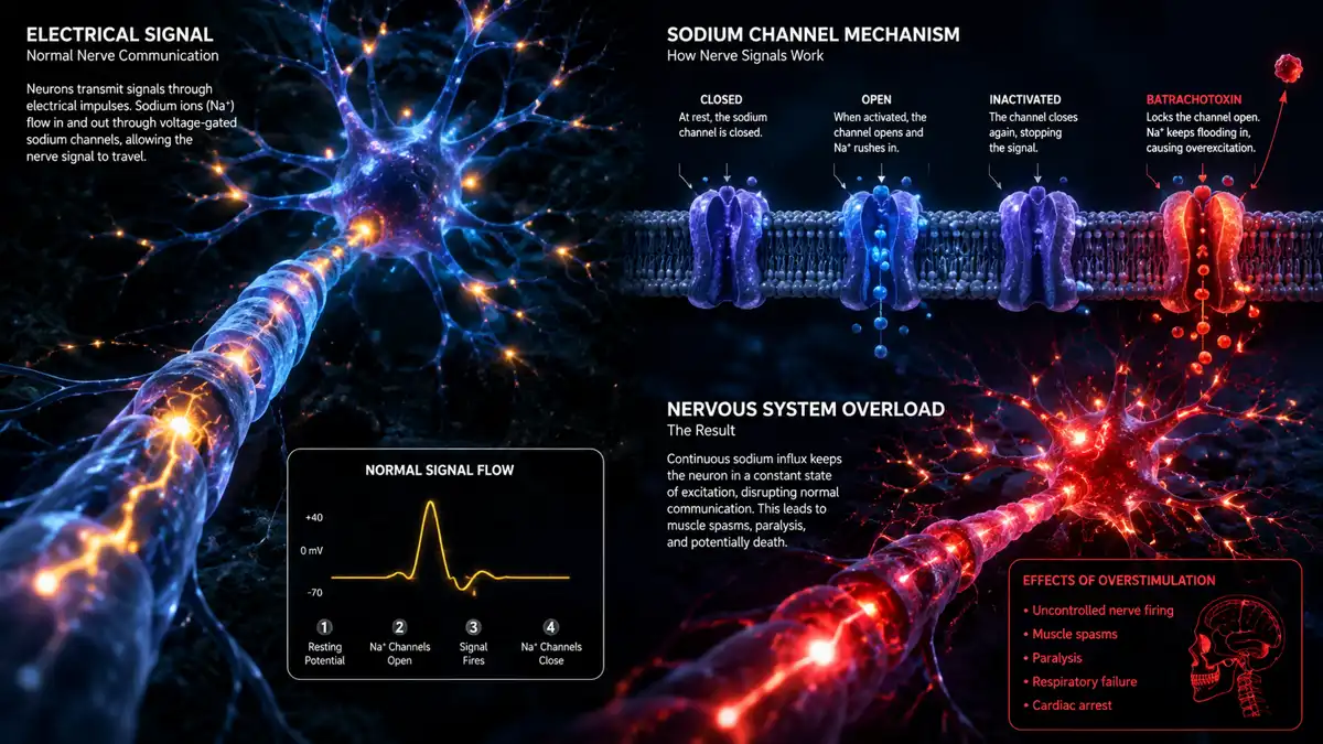 Scientific illustration showing how poison dart frog toxicity affects voltage-gated sodium channels, causing nerve signal overload and nervous system failure through batrachotoxin exposure.