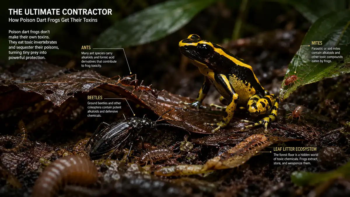 Poison dart frog on the rainforest floor surrounded by ants, beetles, mites, and other leaf-litter invertebrates that provide the toxic alkaloids stored in its skin.