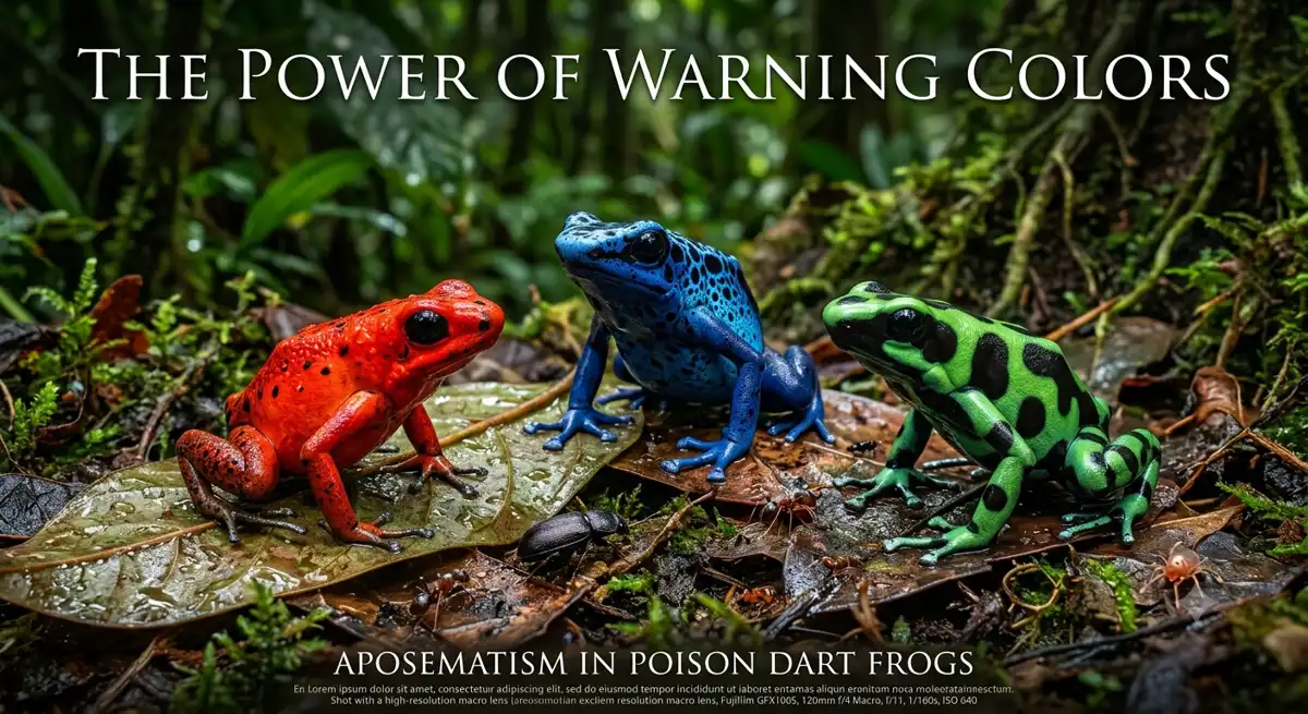 A cinematic, museum-quality natural history poster titled "THE POWER OF WARNING COLORS".
On a moist rainforest floor covered in layered leaf litter, three vividly colored poison dart frogs are arranged in a balanced triangular composition: a bright red strawberry poison dart frog with subtle black spots on the left; an electric cobalt blue poison dart frog with black pattern accents in the center; and a deep green-and-black poison dart frog with glossy black markings on the right.
Small insects, including ants, a beetle, and mites, are visible among the damp leaves in the foreground, highlighting the food-chain origin of the frogs' toxins. Shot in an ultra-realistic macro photography style, the image features hyper-detailed skin textures and water droplets under dramatic natural lighting filtering through the canopy. The bottom of the poster includes academic text reading "APOSEMATISM IN POISON DART FROGS" along with fine-print camera specifications.