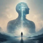 A lone figure stands beneath a giant translucent human silhouette glowing with neural pathways in a misty landscape, symbolizing consciousness, the autonomic nervous system, and the mystery of who truly controls the human body.