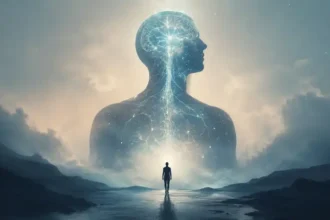 A lone figure stands beneath a giant translucent human silhouette glowing with neural pathways in a misty landscape, symbolizing consciousness, the autonomic nervous system, and the mystery of who truly controls the human body.