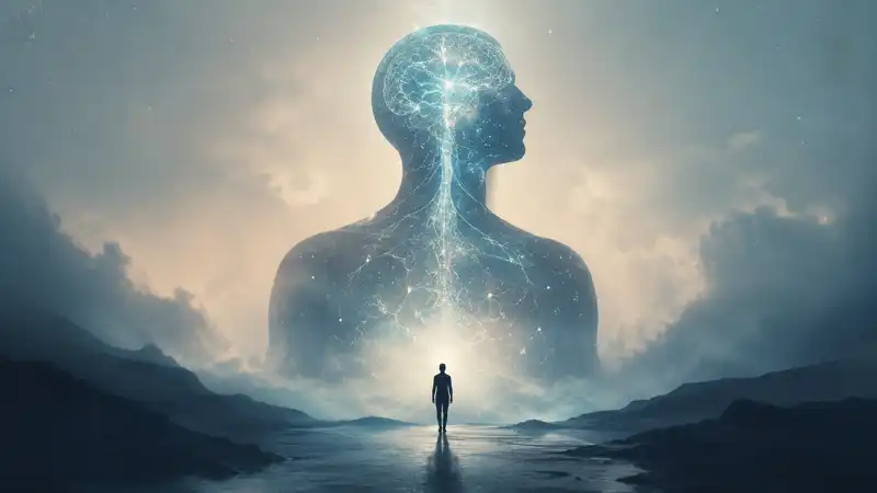 A lone figure stands beneath a giant translucent human silhouette glowing with neural pathways in a misty landscape, symbolizing consciousness, the autonomic nervous system, and the mystery of who truly controls the human body.