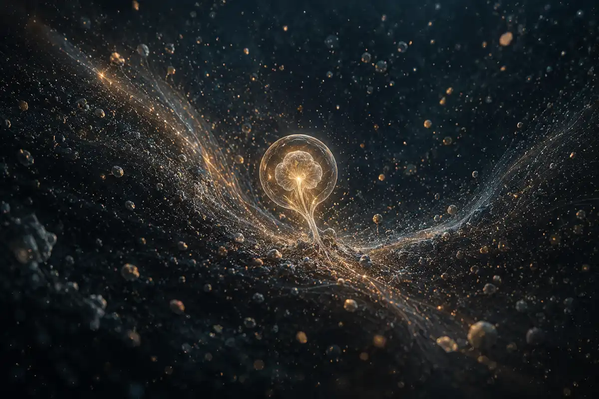 A minimalist conceptual illustration of a glowing organic structure surrounded by scattered particles and cosmic dust, symbolizing life maintaining order by absorbing energy and resisting entropy through self-organization in a mysterious, philosophical cosmic landscape.