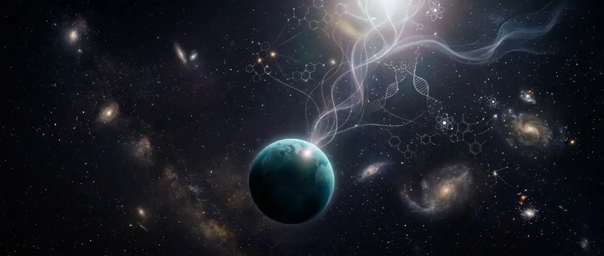 An editorial illustration for a science and philosophy article with a 21:9 aspect ratio. A solitary blue planet floats in the center of a vast, dark deep space filled with distant spiral galaxies and starry nebulae. From a luminous spot on the planet's surface, subtle, flowing waves of light extend upward into the cosmos, weaving together abstract representations of chemical molecules, DNA strands, and atomic structures. The composition conveys a calm, mysterious atmosphere, symbolizing the universe giving rise to life and consciousness capable of observing itself.