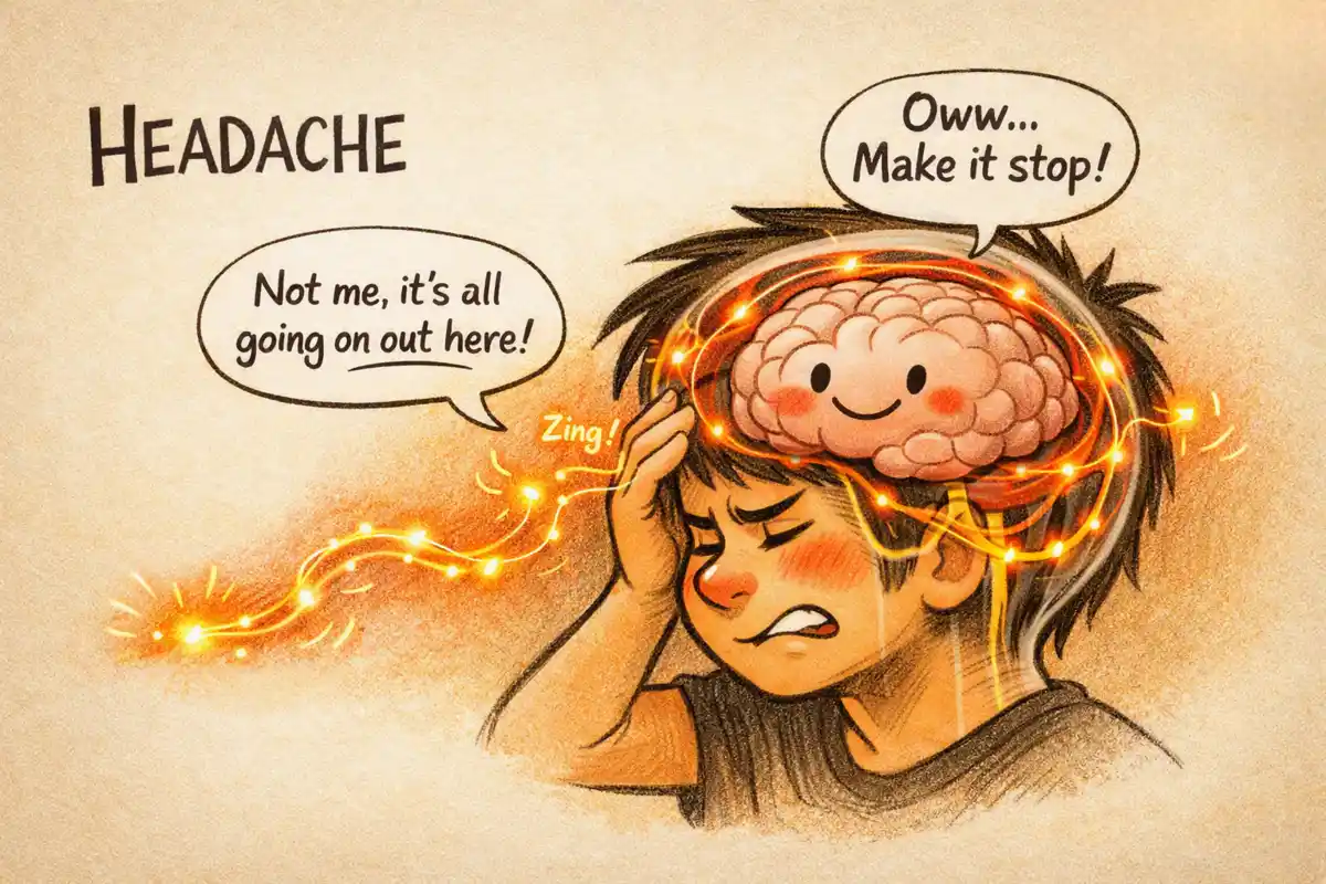 A humorous editorial illustration showing a cartoon person holding their head in mild pain while a smiling brain inside the transparent skull calmly says, “Not me, it’s all going on out here!” Glowing nerve and vessel signals surround the brain, illustrating that headache pain originates from structures around the brain, not within it.